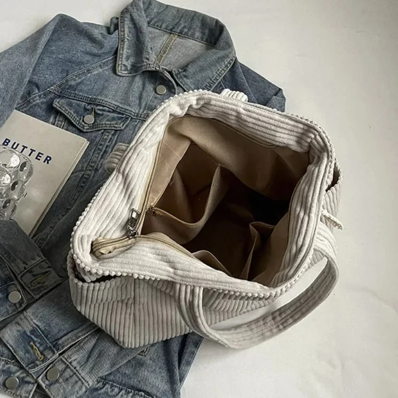 Corduroy Daily Handbag Fashionable Versatile Shoulder Bag for Women Multi-Compartment Zipper Closure Commute Women's Tote Bag