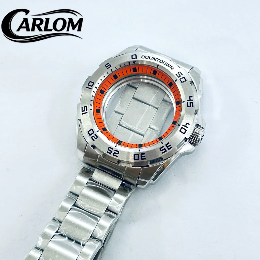 Premium 44mm Stainless Steel Watch Case with Black, Green, and Orange Chapter Ring and S Crown