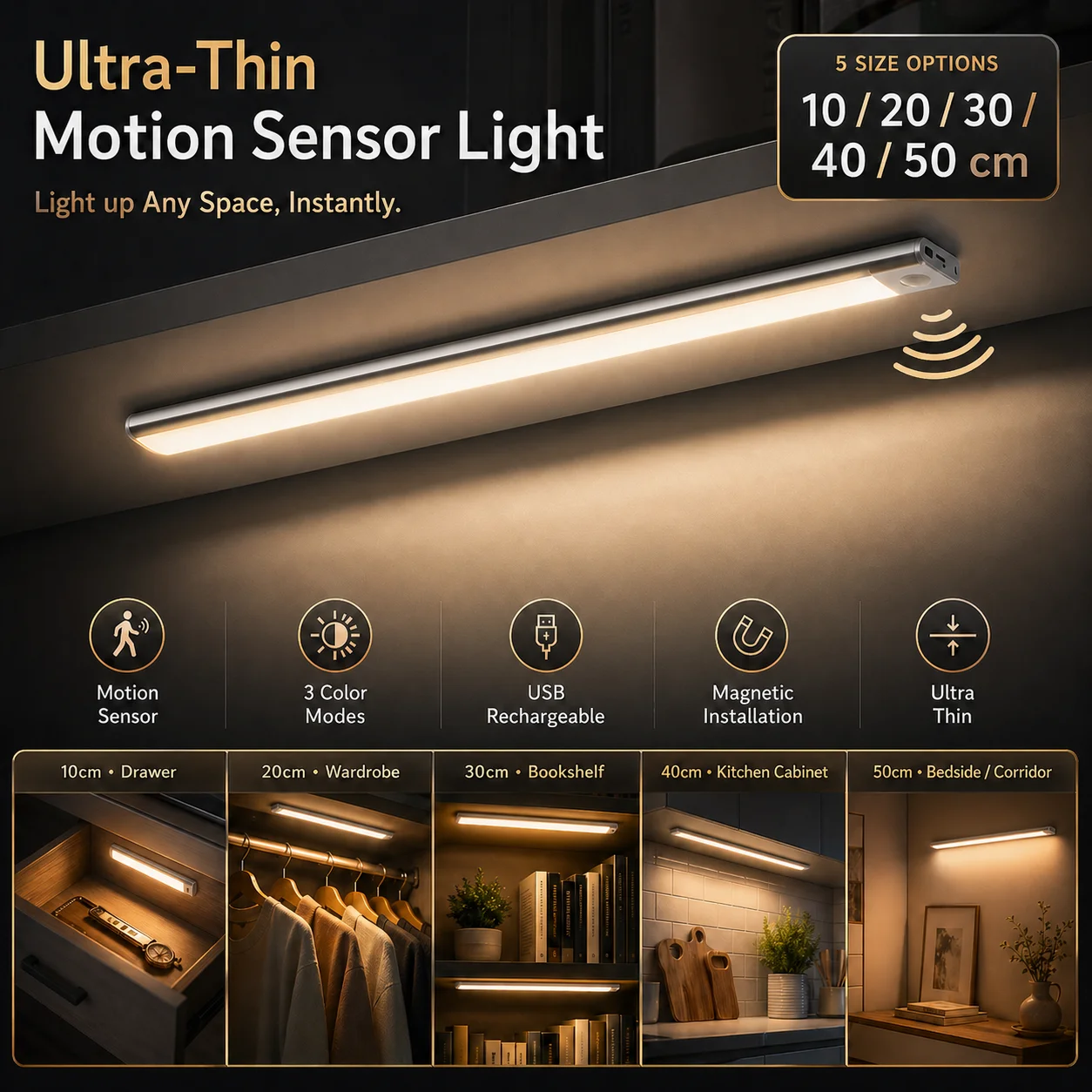 Sleek Wireless LED Cabinet Light with Motion Sensor & USB-C Rechargeable, Magnetic & Dimmable, 3-Color Options