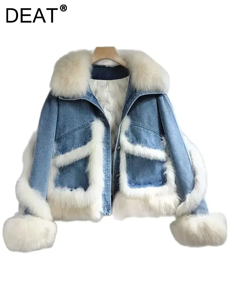 

DEAT Women's Denim Coat Faux Fox Fur Collar Plush Thicken Cotton-padded Patchwork High Quality Jackets 2023 Winter New Fashion