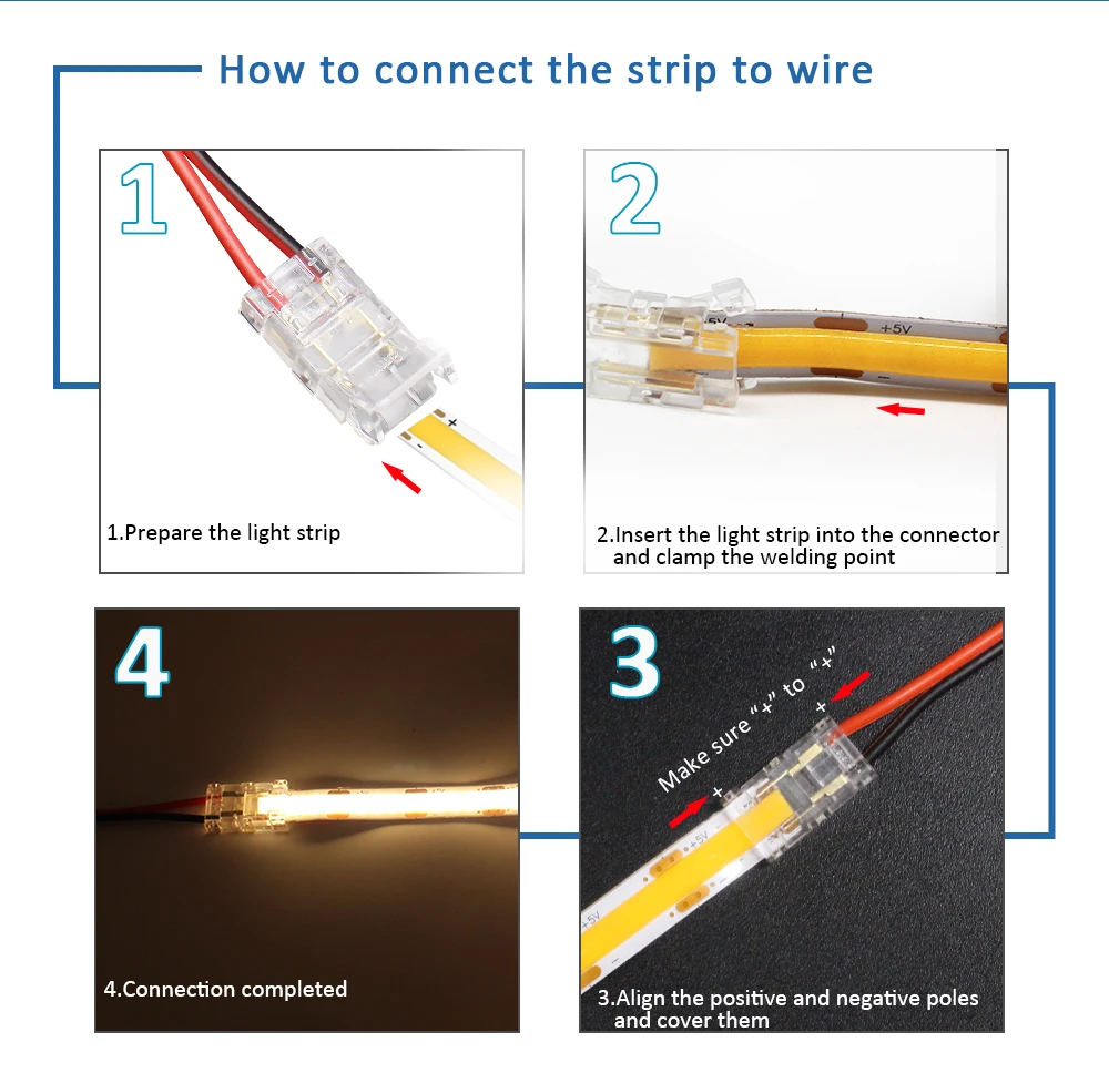 Lötfreier LED-Stecker, 2-polig, 5 mm, 8 mm, 10 mm, Streifen zum Streifen, Stromkabel, Überbrückungsklemme für RGB, CCT, COB, LED-Bandlicht – Detail 9