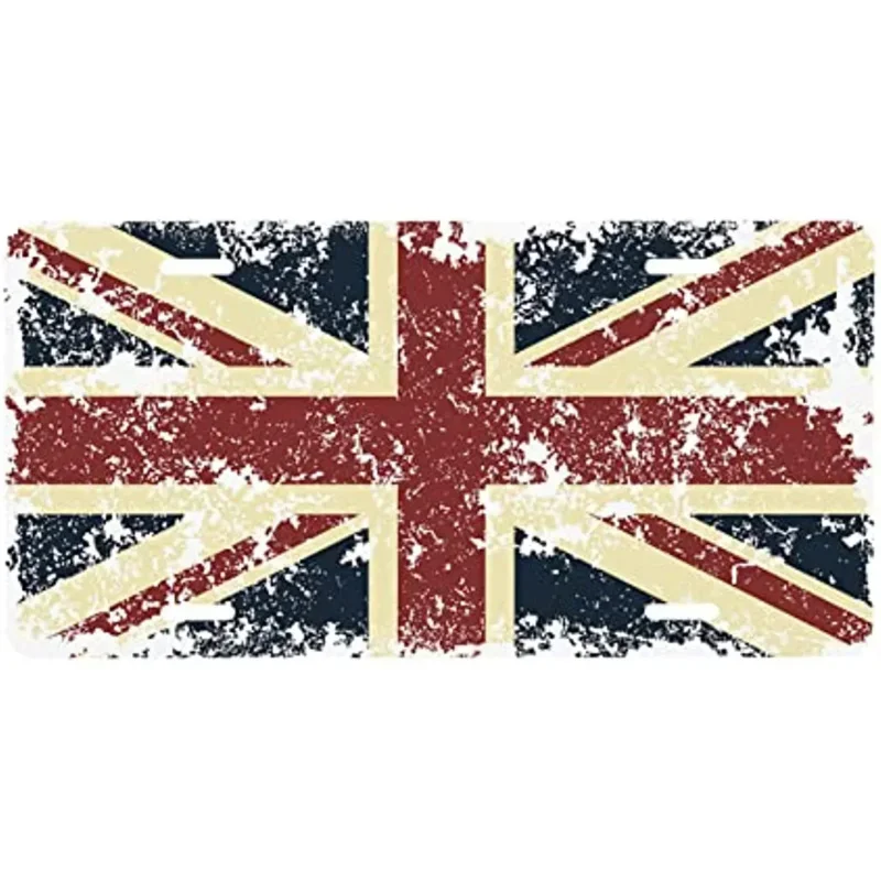 

New License Plate Old Scratched English Flag Vintage Texture British England Flag Retro Kingdom Blue Red Front Plate