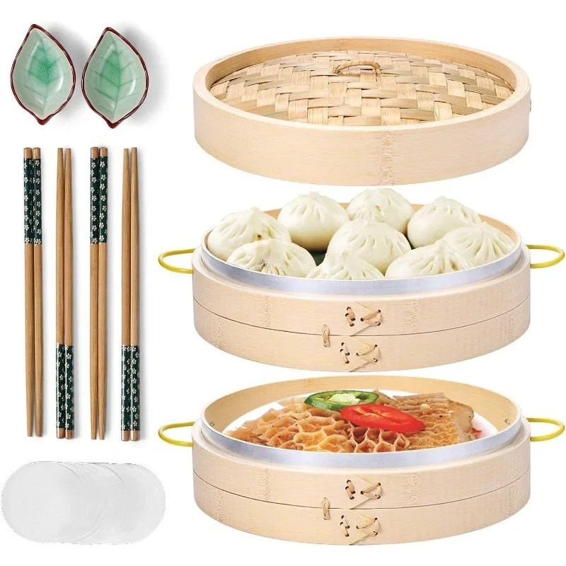 

Bamboo Steamer Basket Set 10 inch Steamer for Cooking, with Side Handles Chopsticks Ceramic Sauce Dishes Paper Liners
