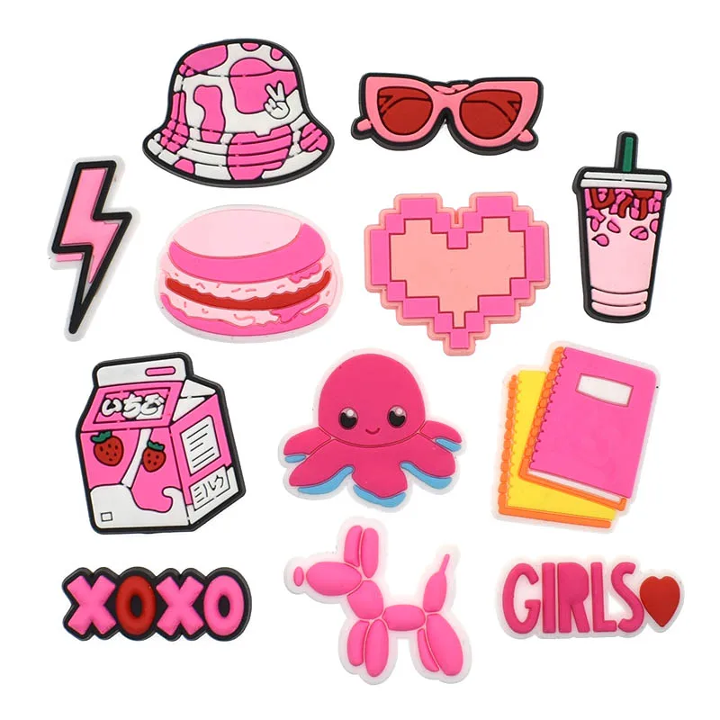 Hot Sale 1pcs Shoe Charms Pink Love Milk Hat Balloon Dog PVC Cute Garden Shoe Buckle Decoration Fit Croc Jibz Kids X-mas Gift