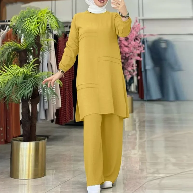 Two-Piece Muslim Sets for Women, Long Sleeved Shirt, Wide Leg Pants Set, Islamic Clothes, Elegant Abaya, Monochromatic, 2021