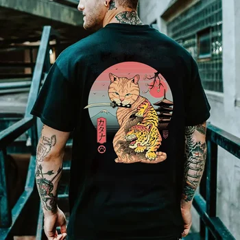 Cartoon Anime Samurai Cat Printed T Shirt For Men Outdoor Hip Hop Harajuku Vintage Clothes Casual O-neck Loose Short Sleeve Tees 5