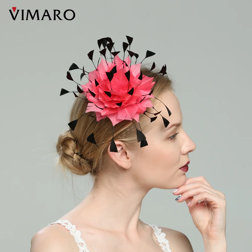 Фото Шляпка VIMARO женская с розовыми и черными перьями, элегантная Вуалетка для церкви и свадьбы, Дерби №2