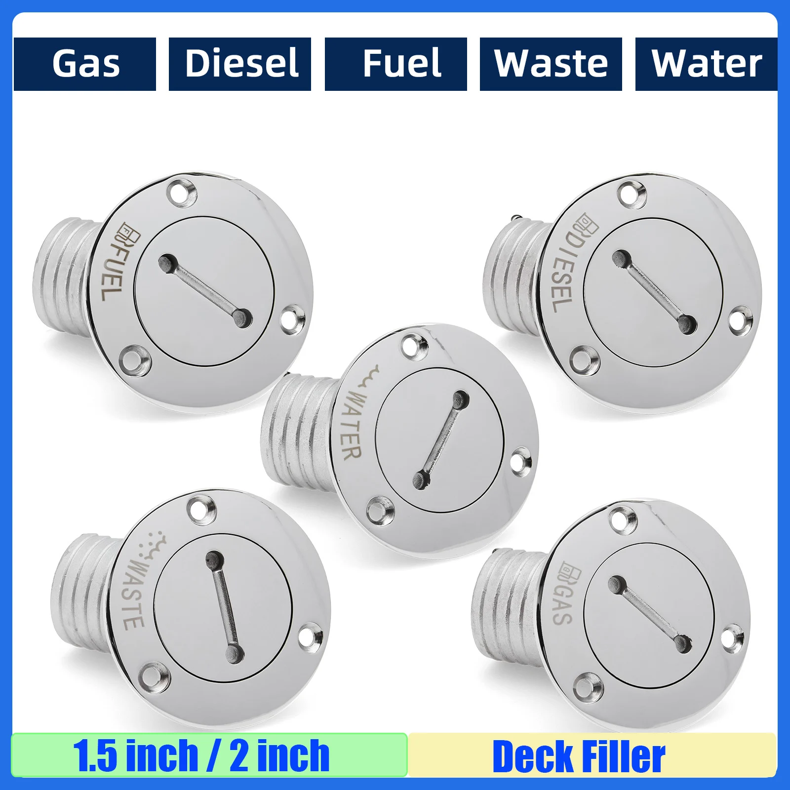 

45 Degree GAS DIESEL FUEL WASTE WATER Deck Filler Caps 316 Stainless Steel Deck Filler Key Cap 38mm 50mm Marine Boat Yacht