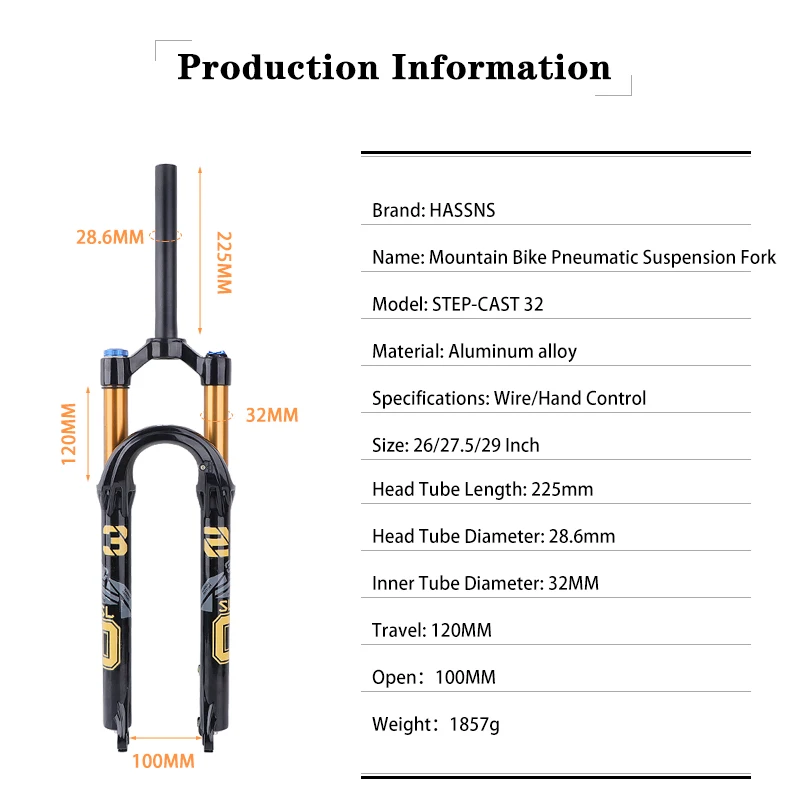 Description Picture 3 of itemHASSNS MTB Fork Bicycle Suspension 26/27.5/29 Inch 120mm Travel Mountain Bike Adjustable Front Fork Oil And Air Quick Release