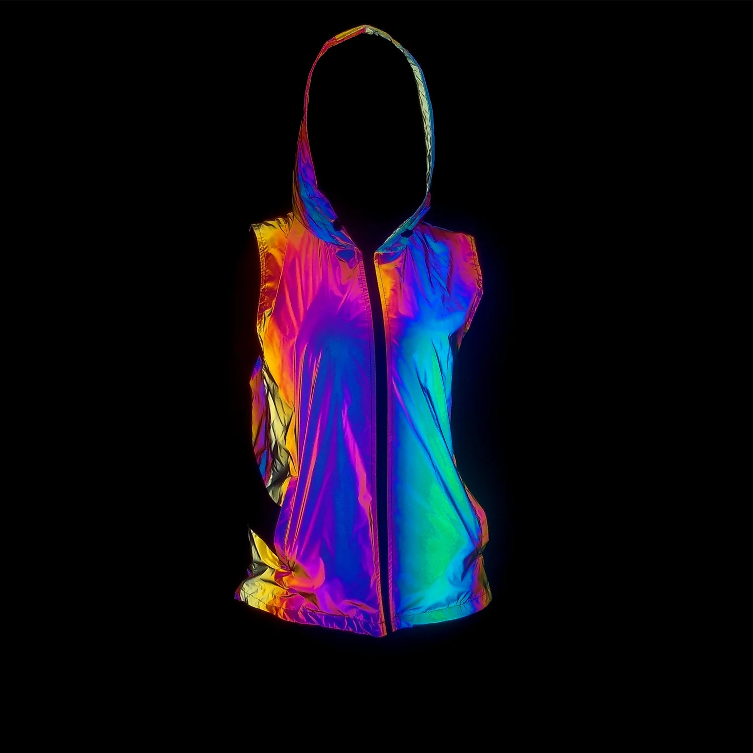 

Colorful Reflective Hooded Vest Men Hip Hop Women Sleeveless Jacket Night Reflect Light Cycling Walk Couple Safety Waistcoat