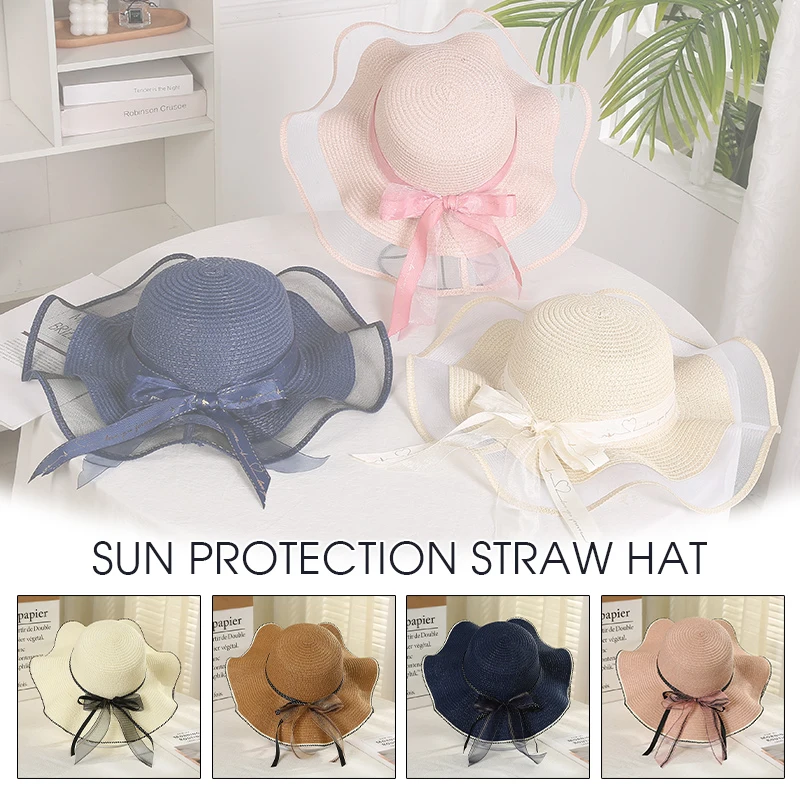 

Fashion Summer Big Wide Brim Sun Hat Women Bow Flower Straw Cap Outdoor Holiday Lady Beach Sunscreen Casual Panama Hats