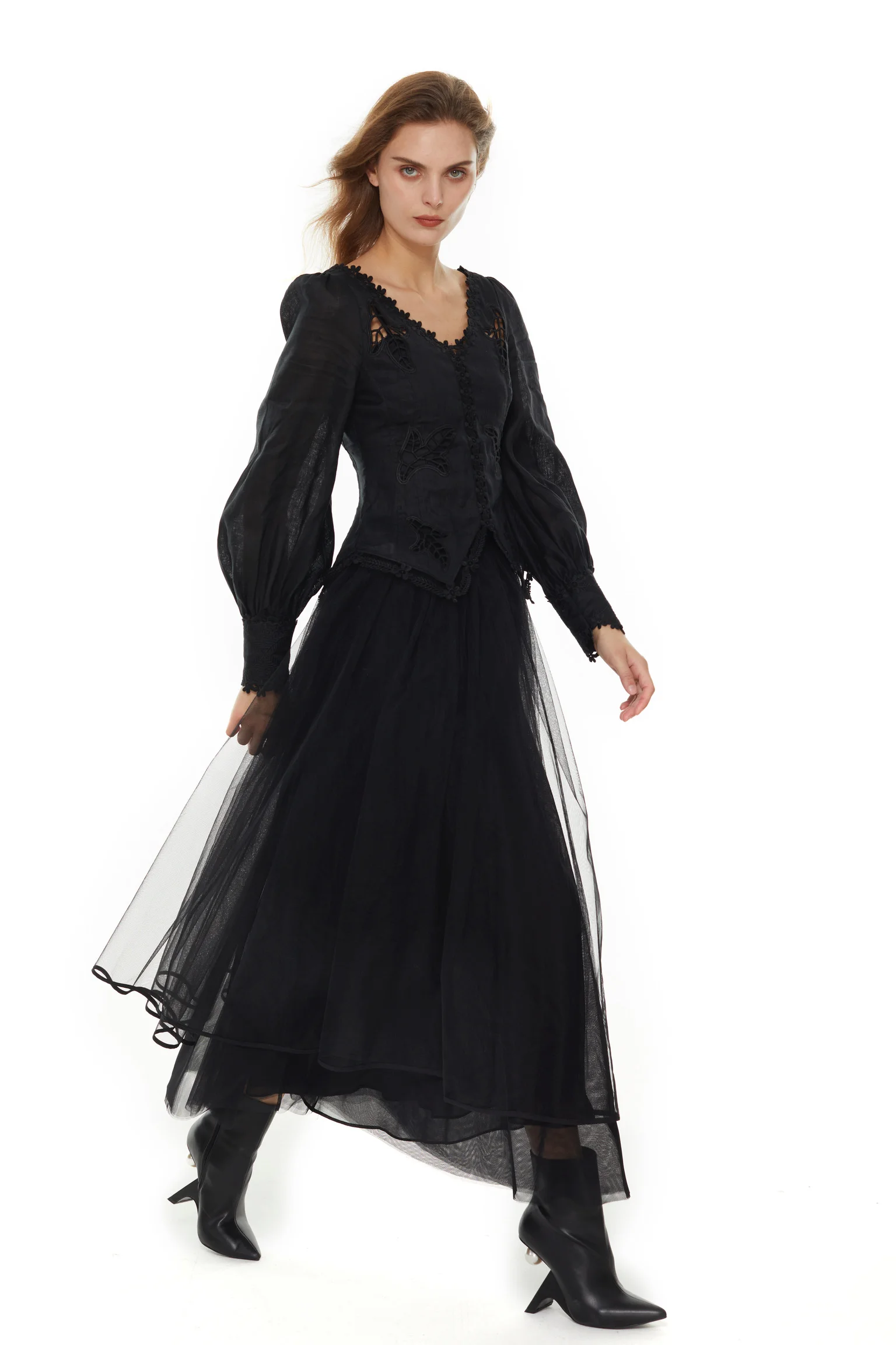

Women Shirt Heavy Embroidery Hollow Out Lantern Sleeve Vintage Blouse