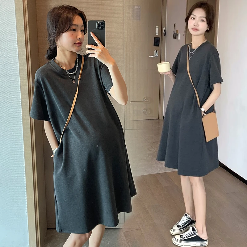 Stile coreano Plus Size abbigliamento donna incinta tinta unita manica corta allentato Casual o-collo maternità camicie allungate Mini abito