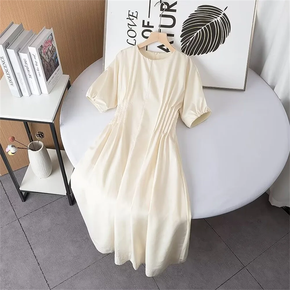 Cos Lris 2024 Summer Women's Style Versatile Round Neck Pleated Bubble Sleeves Solid Color A-line Dress