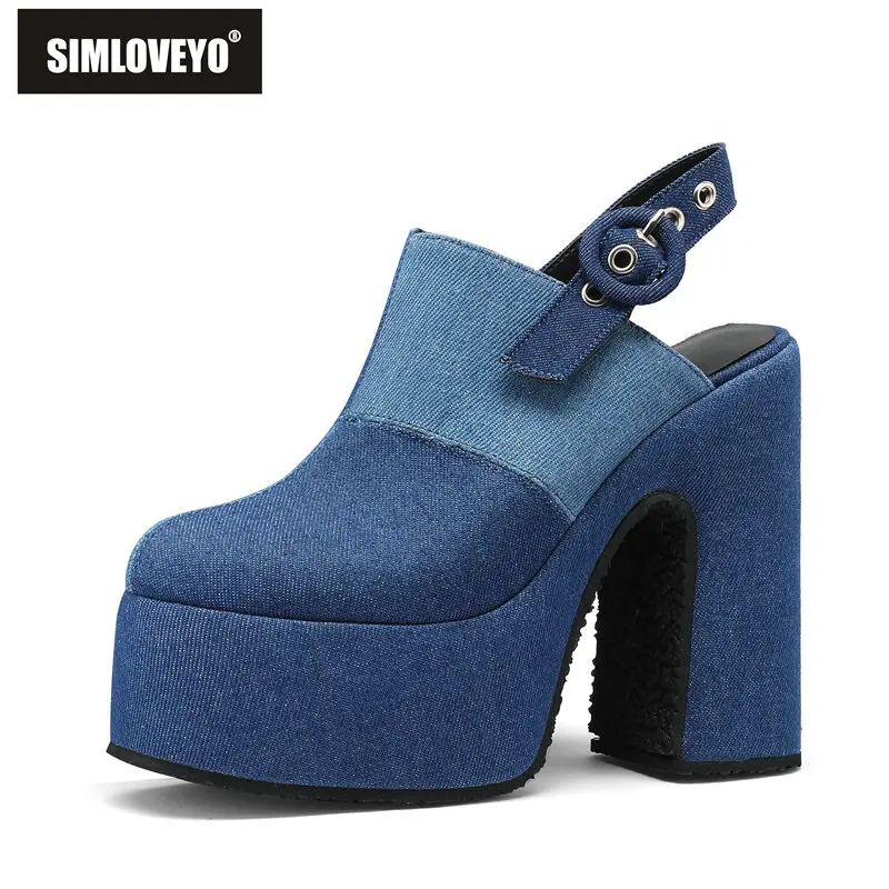 

SIMLOVEYO Denim Women Pumps Round Toe Ultrahigh Heels 14cm Platform Hill 5cm Buckle Strap Summer Casual Shoes Big Size 46 47 48