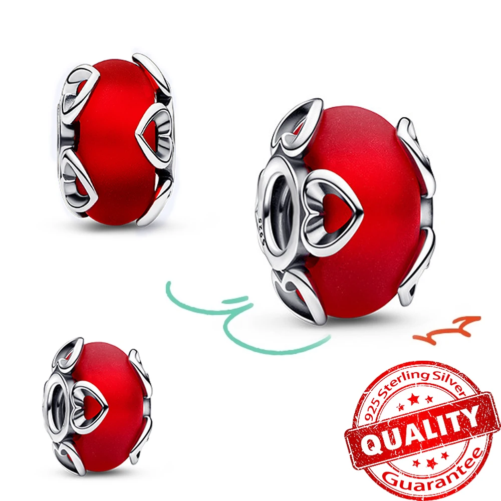 

Original 925 Sterling Silver Frosted Red Murano Glass Beads & Hearts Charm Fit Pandora Bracelet Bangle DIY Jewelry Charms Gift