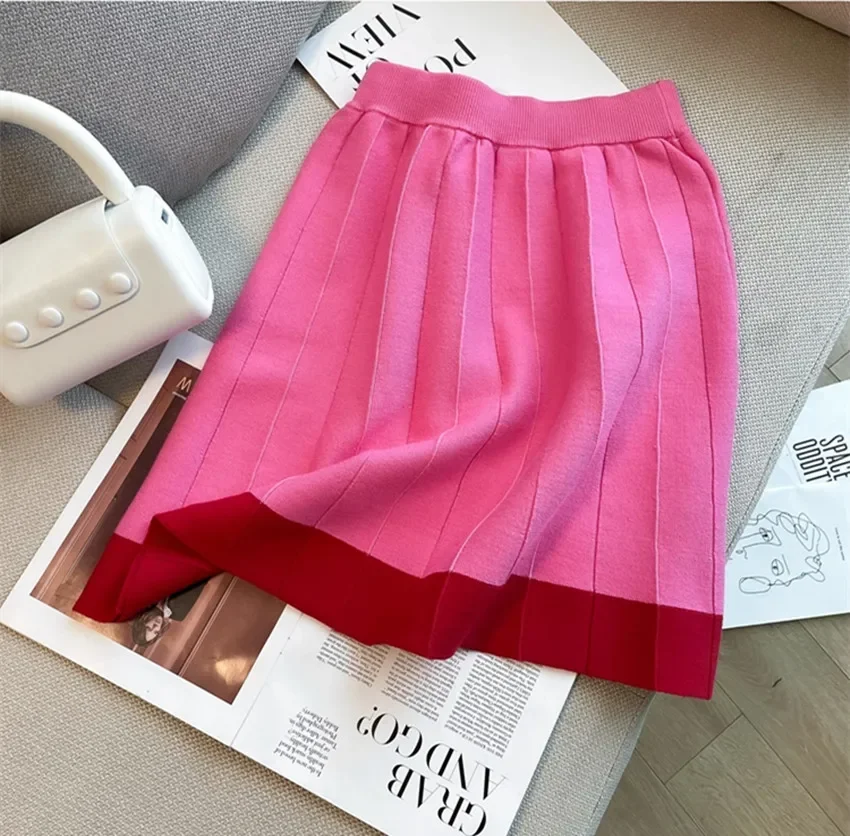 Fashion Women V Neck Hit Color Knitted Golden Single Breasted Loose Cardigan Two Piece Set + High Waist A Line Skirt Suit Female