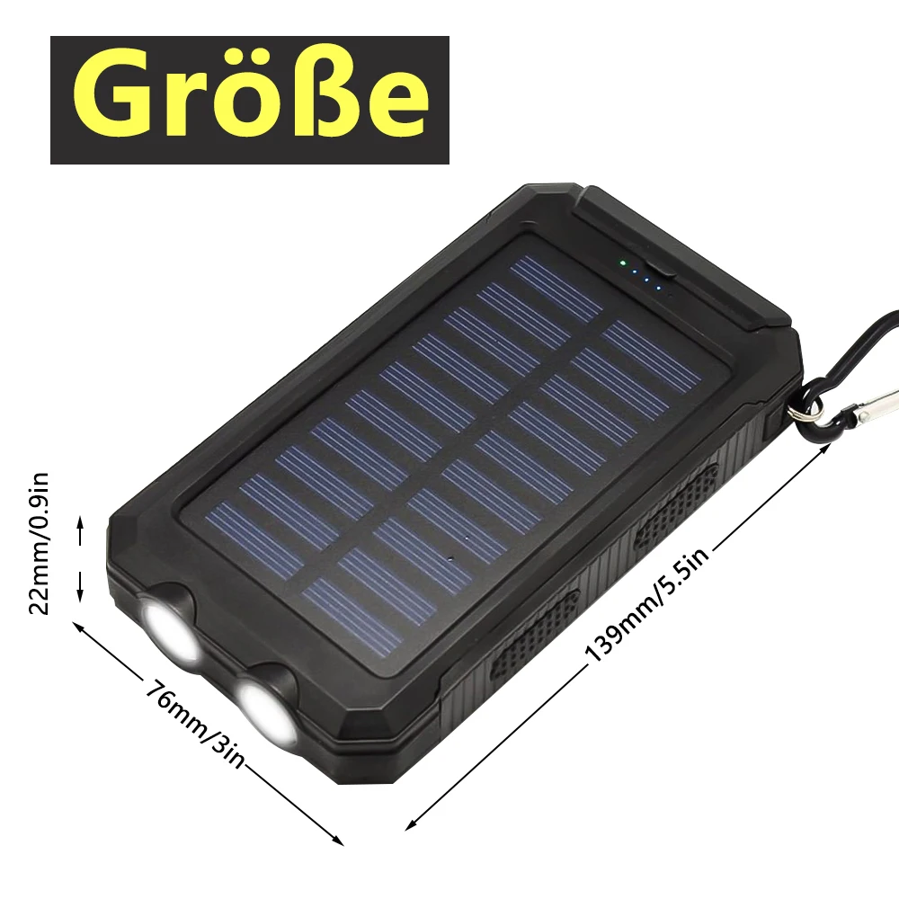 20000mAh Solar Fast Charging Power Bank Portable Battery 2-USB Large Capacity with Mobile Power Supply Flashlight 6