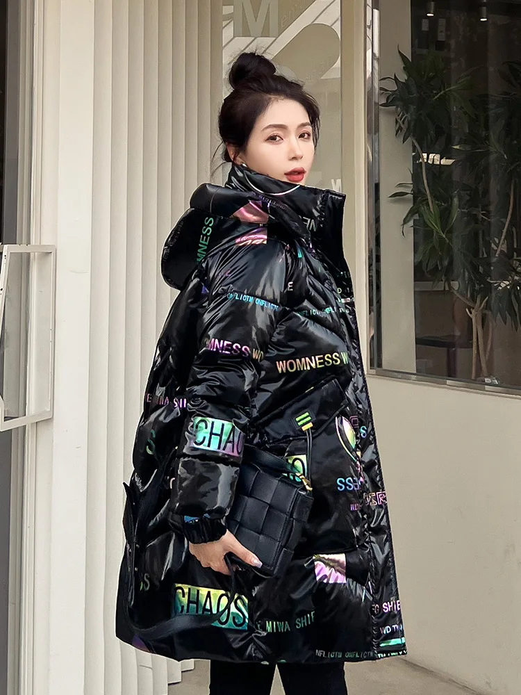 

Winter Coat Women Long Puffer Jacket Letter Printed Glossy Hooded Super Warm Parka Bear -30centigrade Korean Fashion Outerwear