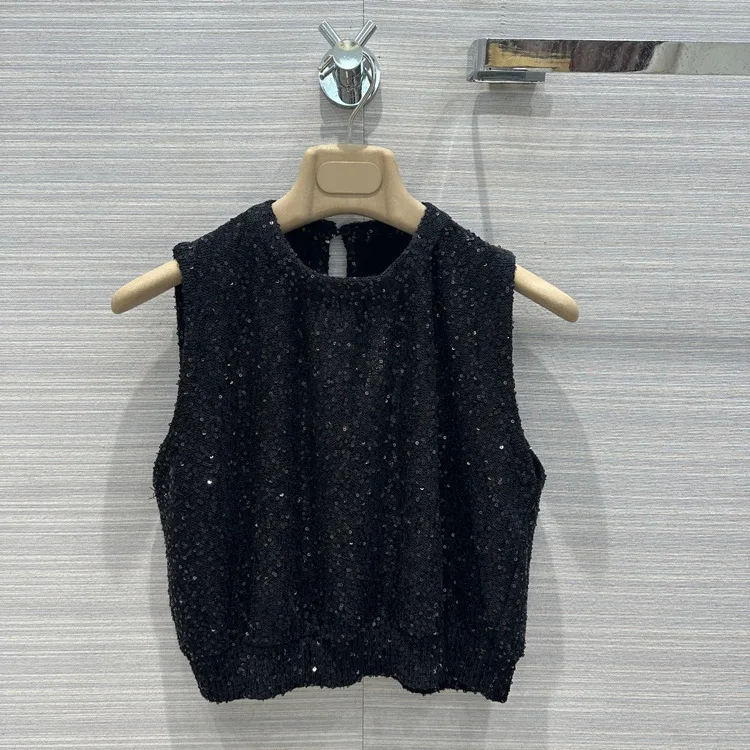 

2023 Linen Knitted Tank Top with Advanced Sense, Stylish Style, Heavy Industry Sequins Short Sleeveless Top
