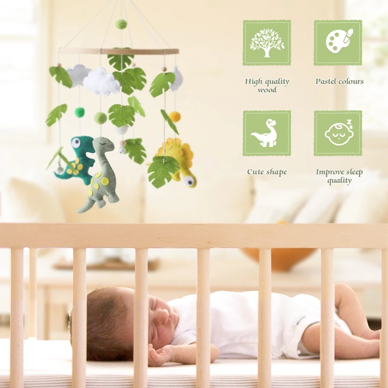 Baby Crib Mobile Bed Bell Wooden Rattles Toys Soft Felt Cartoon Dinosaur Forest Hanging Bed Bell Mobile Crib Bracket Baby Gifts 2