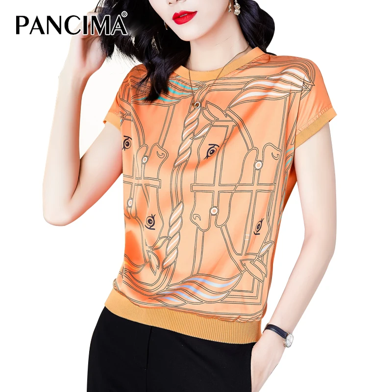 

PANCIMA 2023 женский ледяной шелк модный Печатный шифоновый топ летняя новая маленькая рубашка тонкий короткий рукав круглый вырез комбинированная футболка