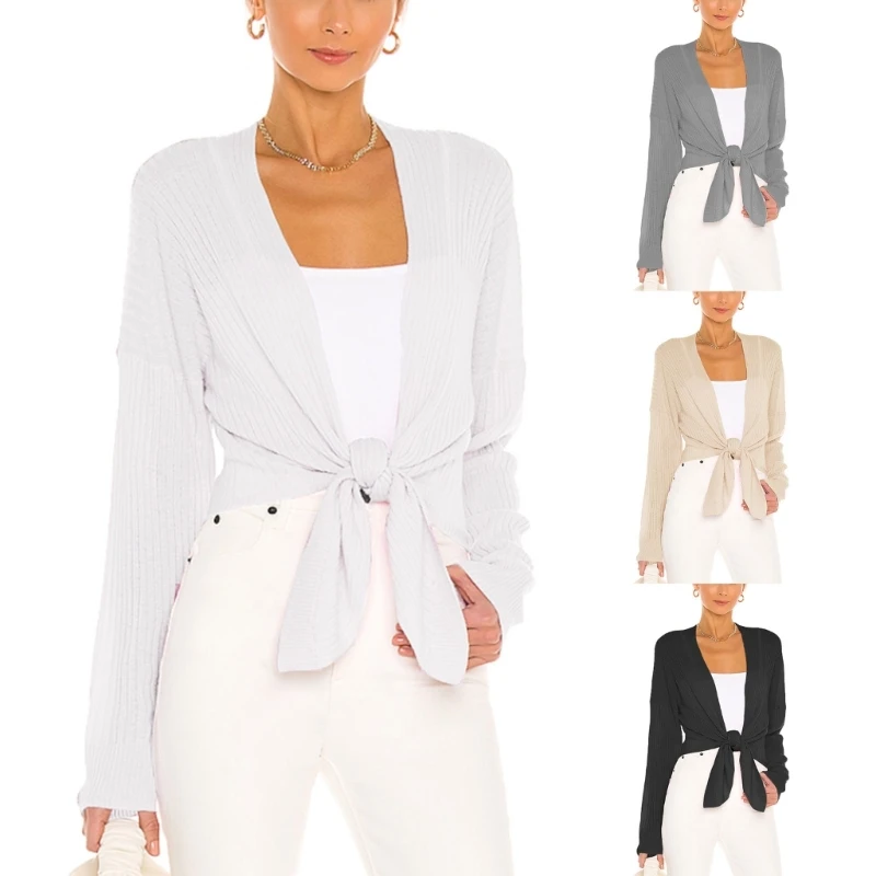 

M89E Womens Shrug Boleros Tie Knot Cardigan Lightweight Long Sleeve Open Front Sweaters Cardigan for Dresses Streetwear