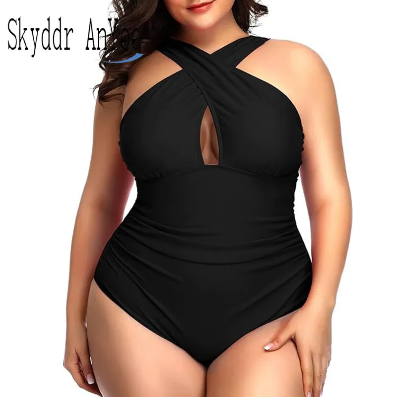 2024 Summer Women Plus Size One Piece Swimsuits Front Cross Tummy Control Black Sexy Swimwear Backless Bathing Suit Best Sellers In Plus Sized Clothing