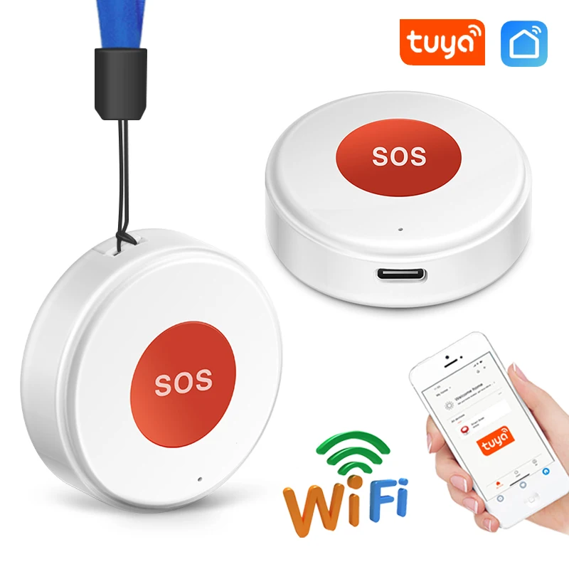 Medical Alert Button Tuya WiFi SOS Panic Call Button Smart Life APP Rechargeable for Patient Kids Elderly