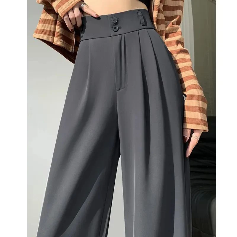Women's Korean Fashion Pleated High Waist Streetwear Wide Leg Suit Pants Female Solid Loose Straight Trousers Elegant Pantalones