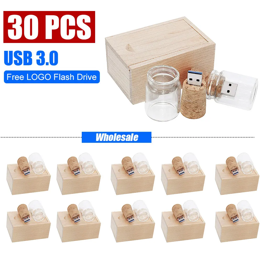 

30pcs wood box + wishing bottle USB 3.0 flash drive 8GB 16GB 32GB 64GB glass memory stick drifting bottle U disk wedding gift