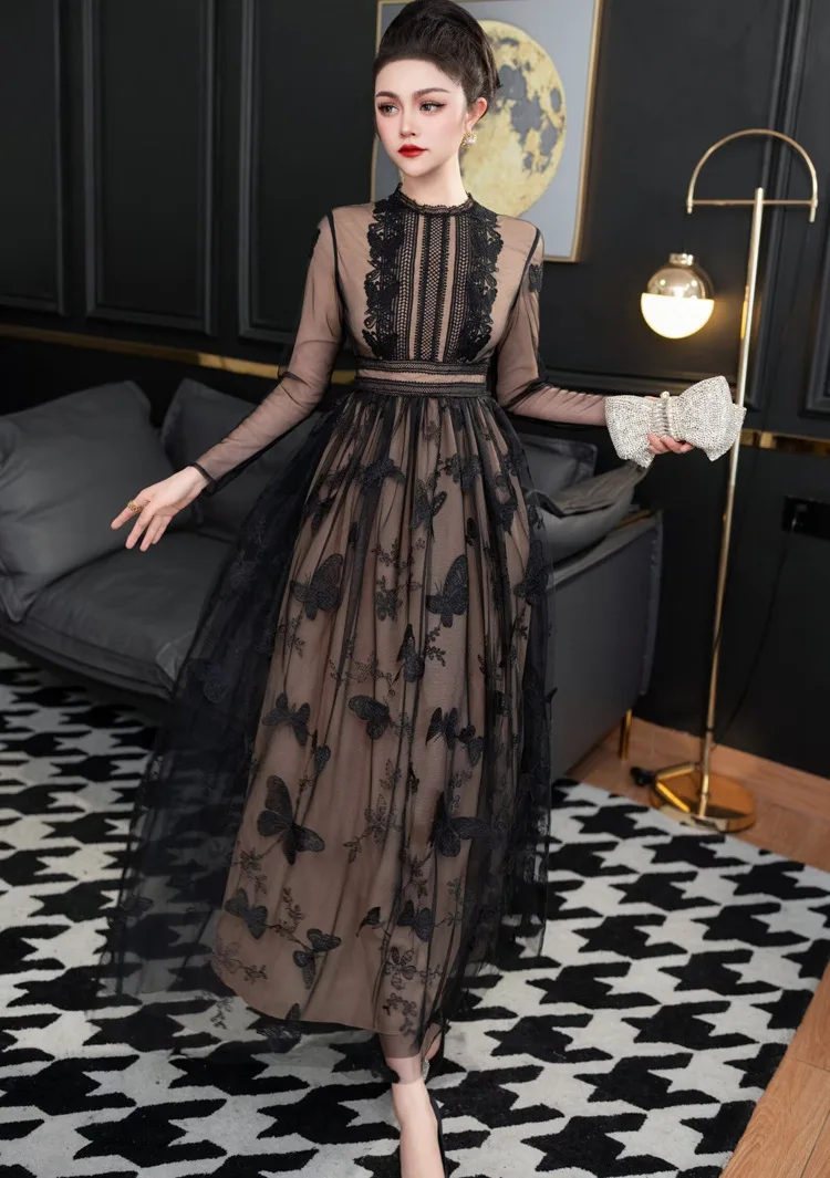 

Spring Summer Fashion New Vintage Women's O Neck Long Sleeve Embroidery Perspective Mesh Black Long Dresses 2024
