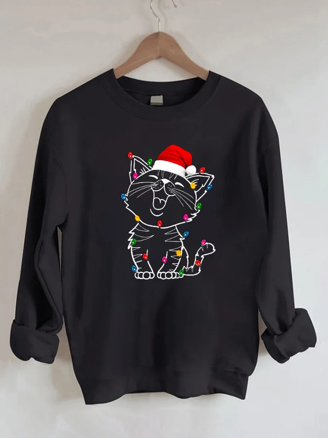 Christmas Cat and Lights Print Long Sleeve Sweatshirt Black Pullover Round Neck Loose Hoodies