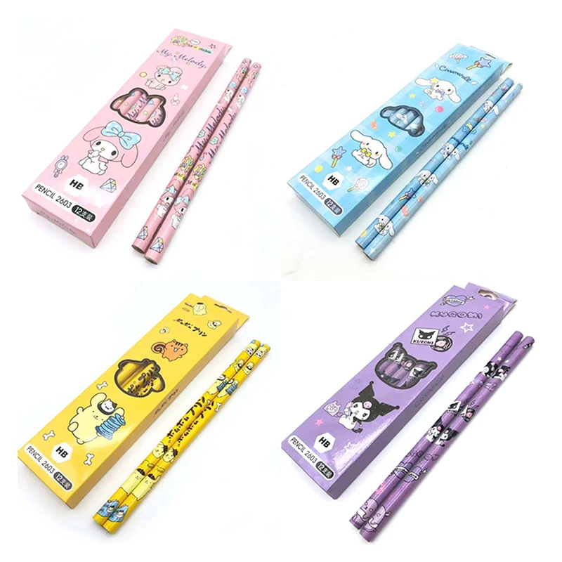 

12Pcs New Sanrio Kawaii Anime Cartoon Series Pom Pom Purin Cinnamoroll My Melody Kuromi Lovely Boxed Pencil Learning Stationery