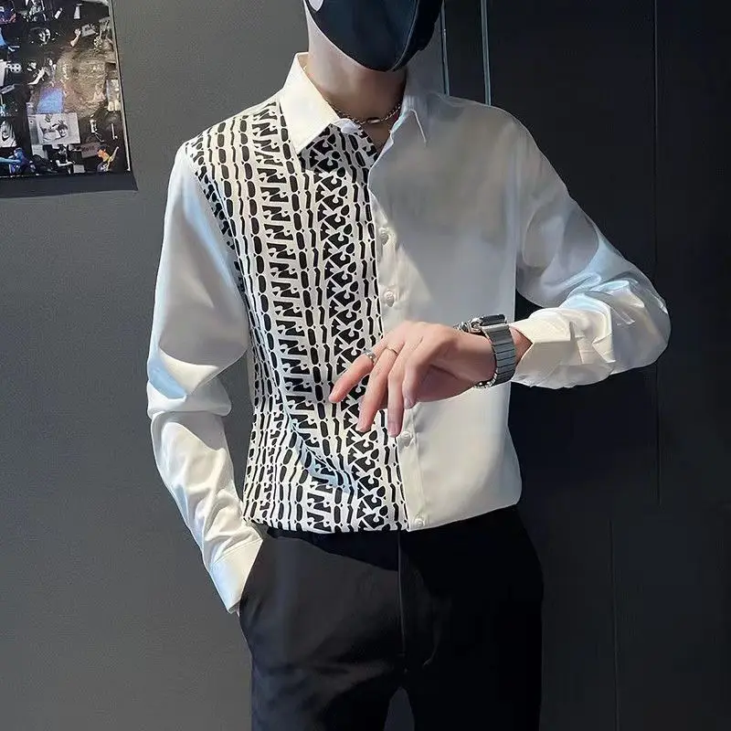 Youth Handsome Trendy Fashion Design High Grade Shirt Men's Panelled Lapel Button Patchwork Spring New Slim Thin Long Sleeve Top youth handsome trendy fashion design high grade shirt men s panelled lapel button patchwork spring new slim thin long sleeve top