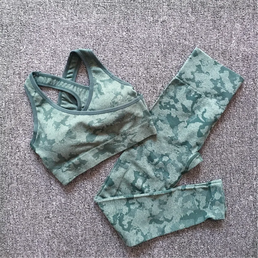 Seamless  Women Camo Yoga Sets Workout Scrunch Legging Shorts Back Cross One Female Jumpsuit Fitness Gym Rompers Active Suits