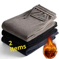 Autumn/Winter Men's Corduroy Elastic Waist Sweatpants Straight-Leg Loose-Fit Casual Pants Fleece-Lined Striped Flannel Pants