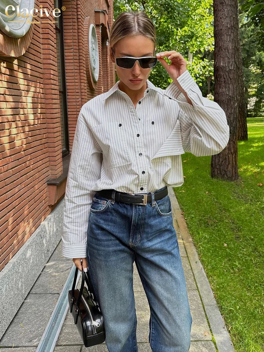 

Clacive Fashion Loose Stripe Print Women'S Bloues Elegant Lapel Long Sleeve Office Lady Shirts Casual Chic Top Female Clothing