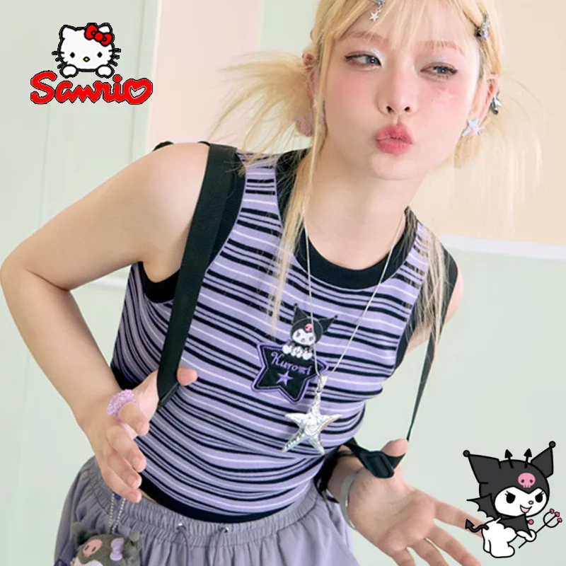 

Sanrio Kuromi Melody Tank Top Cartoon Cute Sweet Round Neck Small Vest Y2K Stripes Slim Crop Top Summer Short Sleeveless Tops