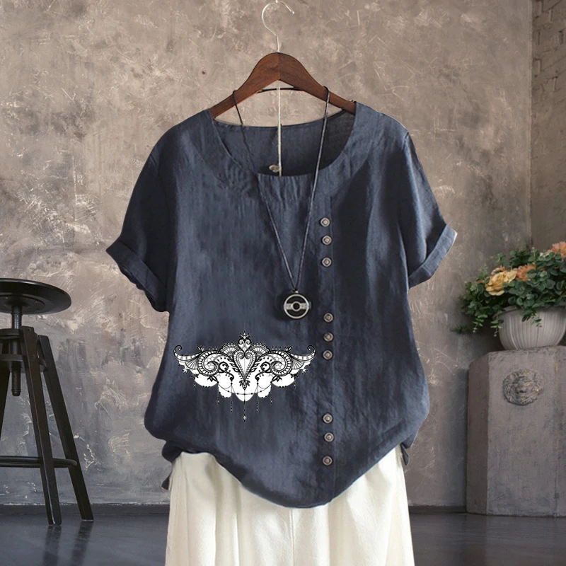 

Summer O Neck Printed Short Sleeve Women's Clothing Fashion Cotton Linen Lady's Casual Style Loose T Shirt Popular Top Pullover