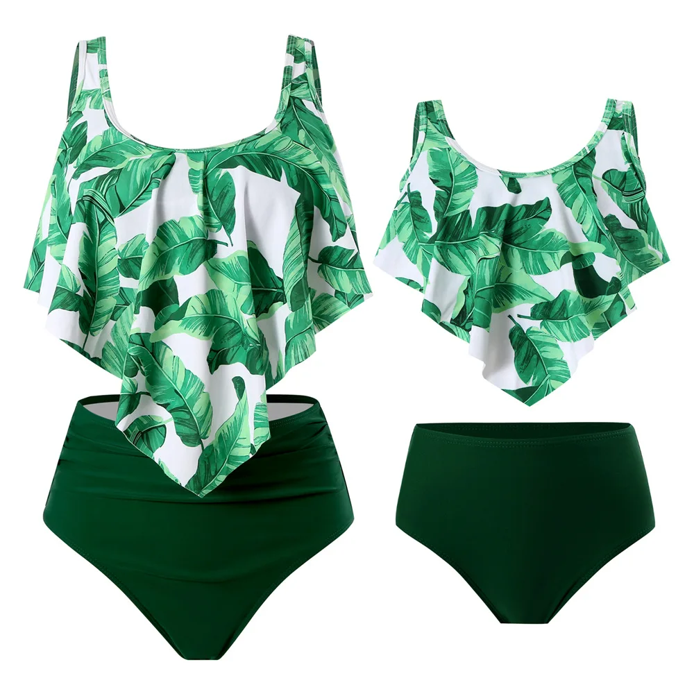 2025 Family Set Mother Daughter Matching Swimsuits Ruffled Leaf Mommy and Me Swimwear Fashion Women Girls Bikini Dresses Clothes 5