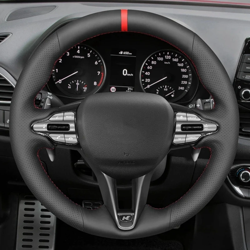Rutschfester schwarzer Kunstleder-Geflecht-Auto-Lenkradbezug für Hyundai i30 N 2018 2019 2020 Veloster N 2019 2020 2021