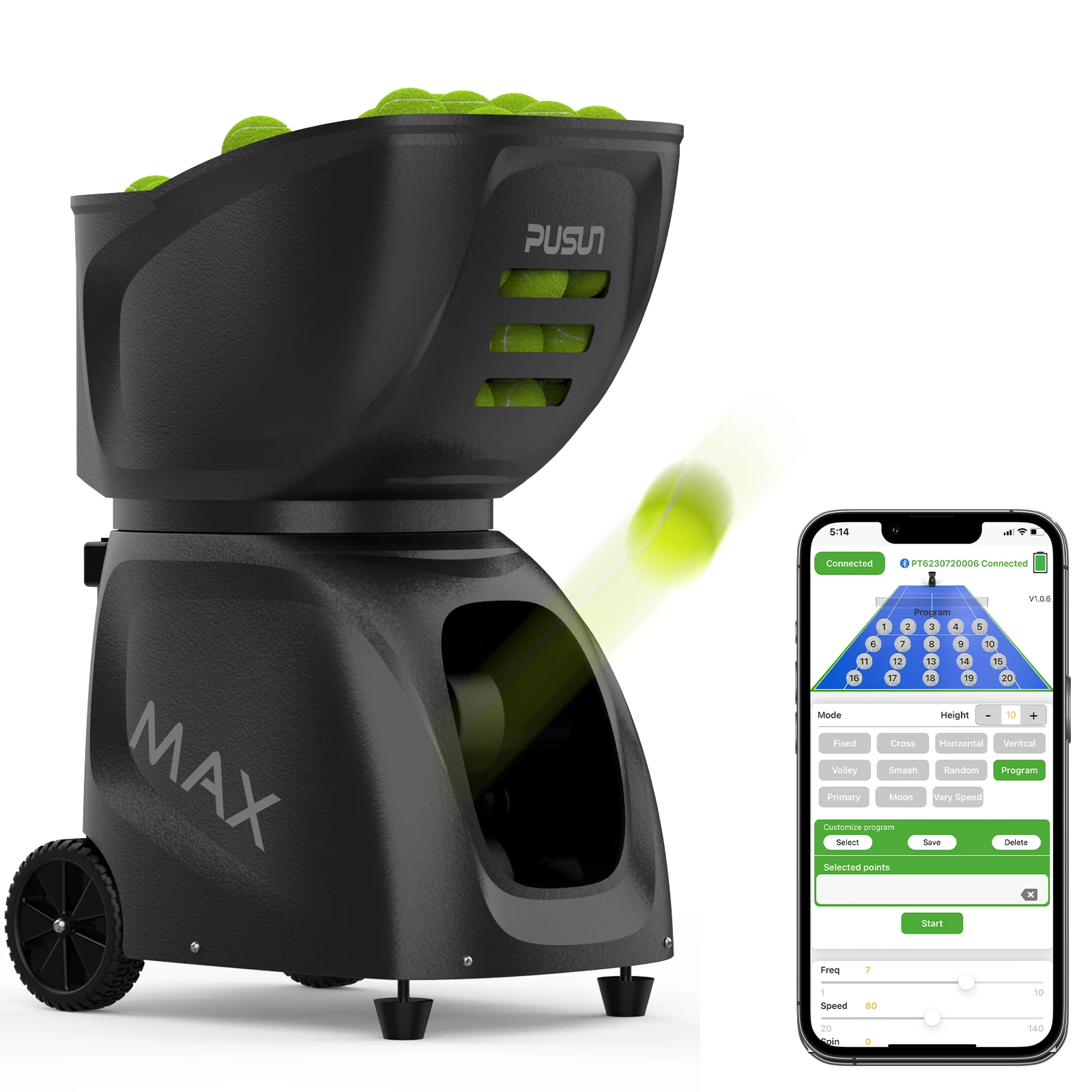 PT-MAX C Advanced Tennis Ball Machine: 28 Landing Points, 26 Serve Modes, App Control, 5-7 Hour Battery-Professional-Grade Por