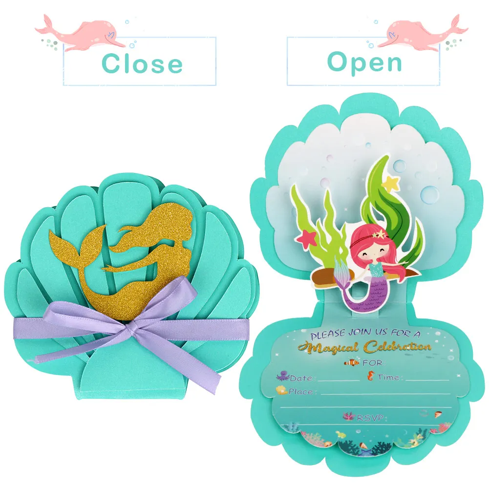 6pcs Invitation card Mermaid Party Invitations, Mermaid Birthday Party Supplies with Envelopes for Kids Girls Birthday Wedding