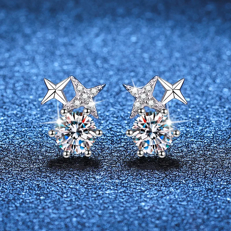JECIRCON Women Earrings 925 Sterling Silver Moissanite Stud Earrings Simple 6 Claws Korean Style 8-Pointed Star Ear Jewelry 1ct