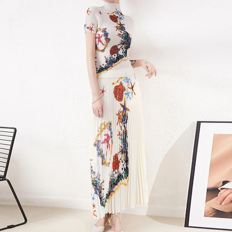 Set Skirt Women's Autumn 2023 New Ice Silk Knitted T-shirt Elastic Waist Pleated Skirt Set  faldas  festival outfit
