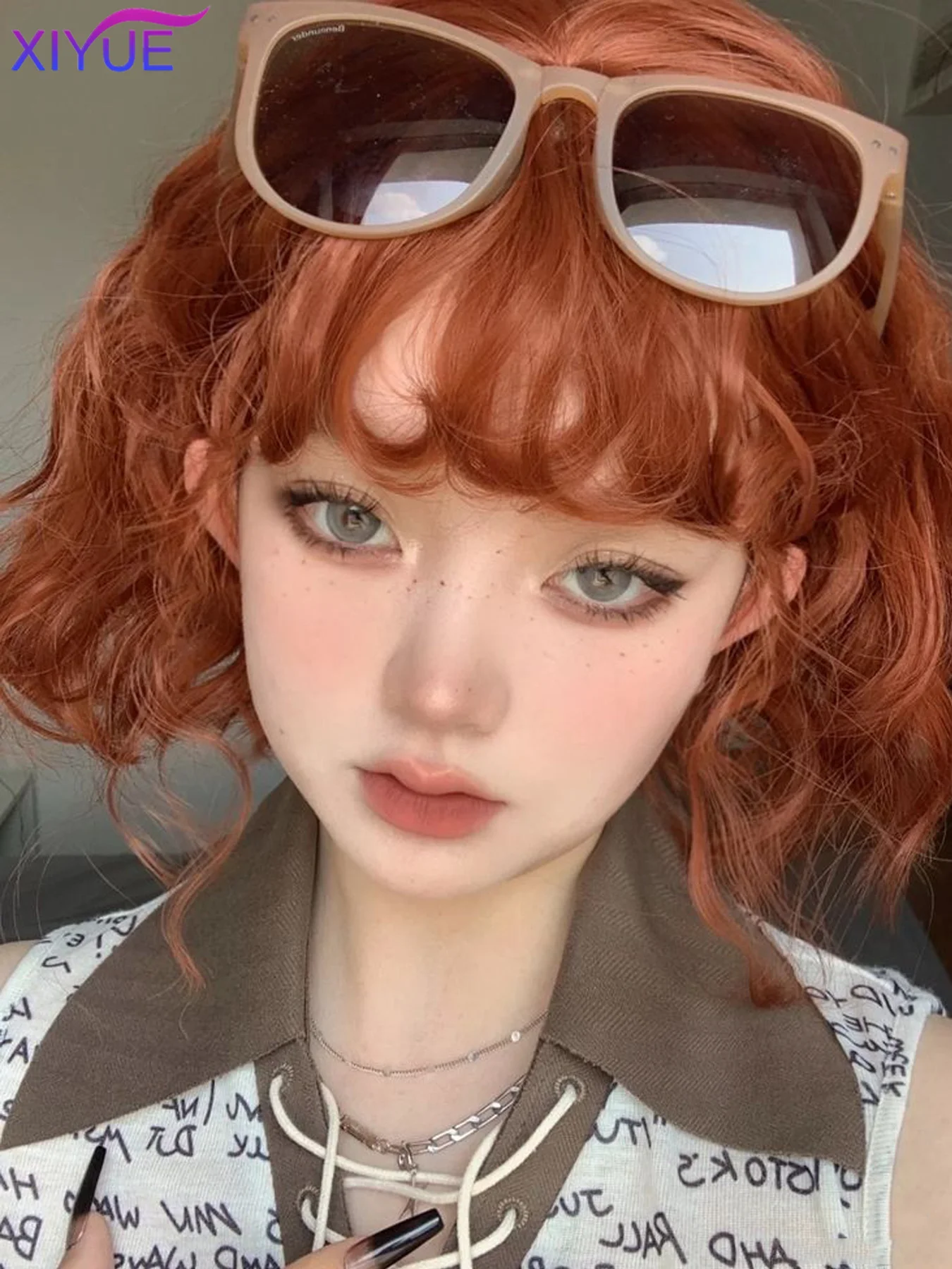 Short Copper Ginger Synthetic Natural Wavy Wigs Hair Orange Halloween Bob Wig with Bangs Heat Resistant for Women Cosplay Wig