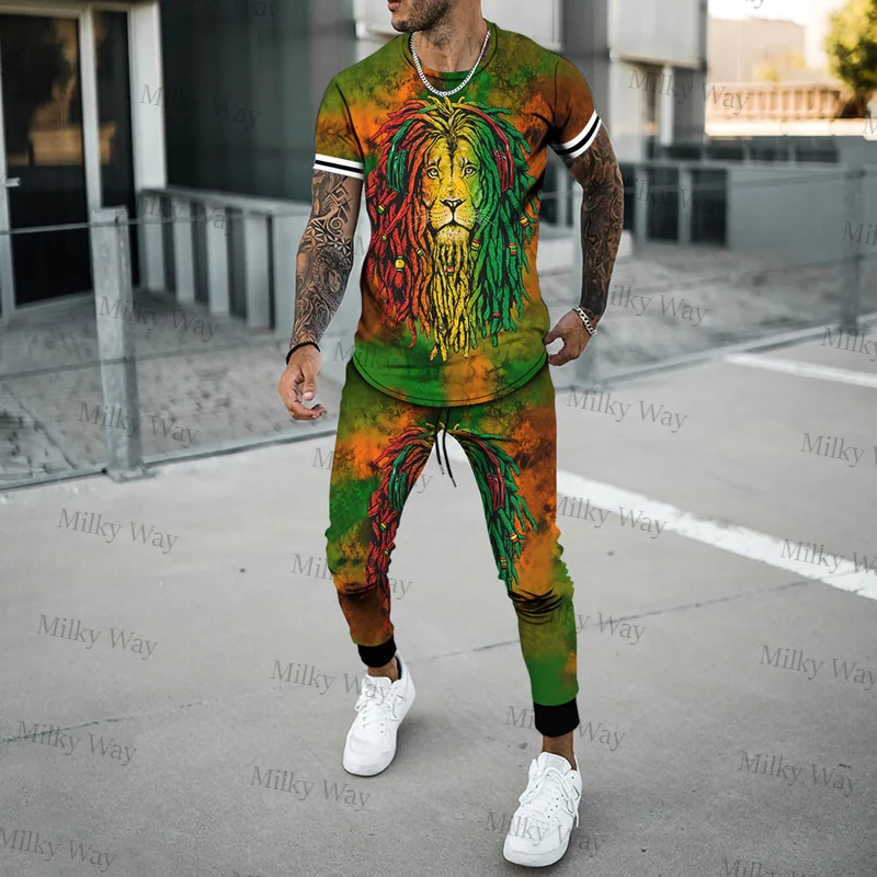 Summer Men's Tracksuit King Lion Pattern T-Shirt Trousers Set Male Fashion Jogging Suit Casual Streetwear Vintage Clothing