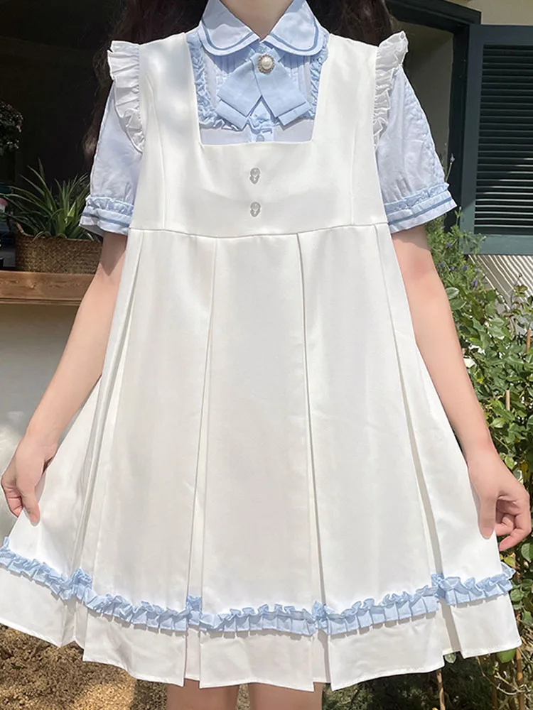 KIMOKOKM Kawaii Square Collar Bow Ruffles Loli Dress Sweet Puff Sleeve Turn-down Collar Shirt Preppy Style JK Two Piece Set