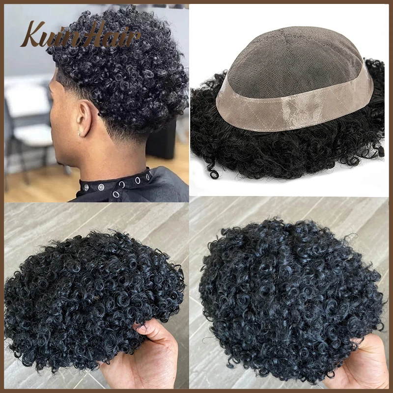 Afro Curl 4mm-25m Fine Mono Men Toupee With Knots Remy Human Hair Systems Male Capillary Prosthesis Men Hair Replacement Units human hair toupee